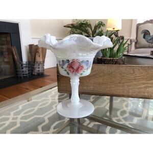 Vintage Fenton Hand Painted Ruffled Pedestal Dish